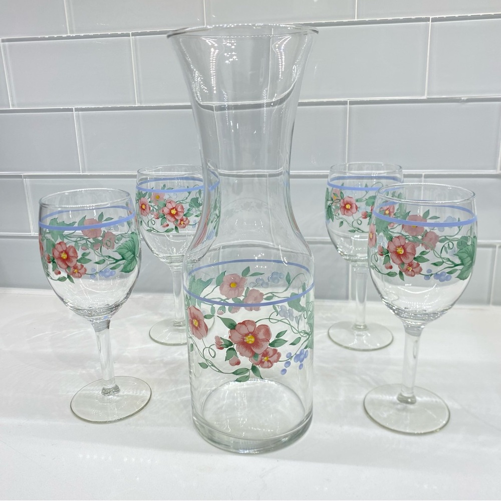 Kensington Art Glass Hand Painted Flowers & Grape Vines Wine Glasses & Decanter
